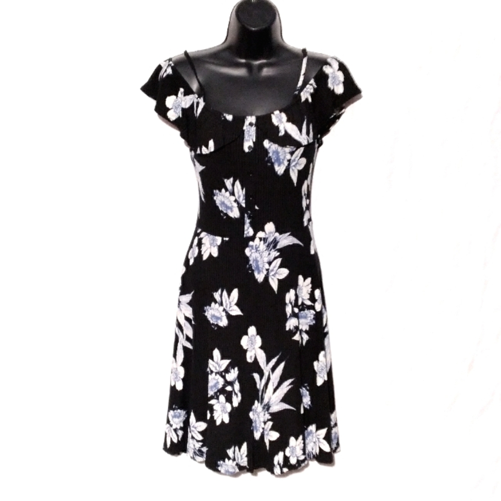 AZALEA/ARITZIA Ribbed Black Floral Ruffled Shoulder Dress, …